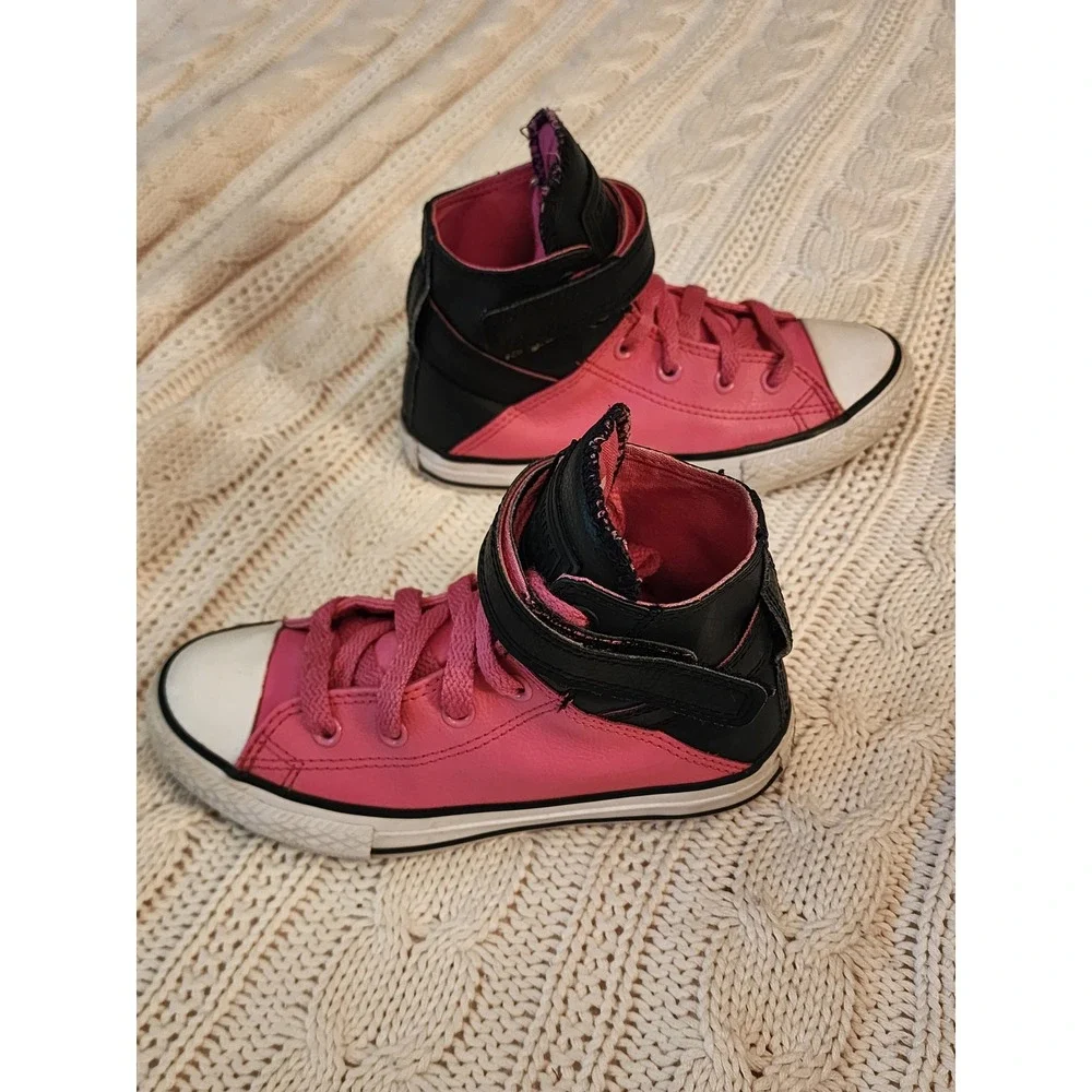 Converse Chuck Taylor All Star Brea Hi Pink Black Leather Shoes Kids Size 13